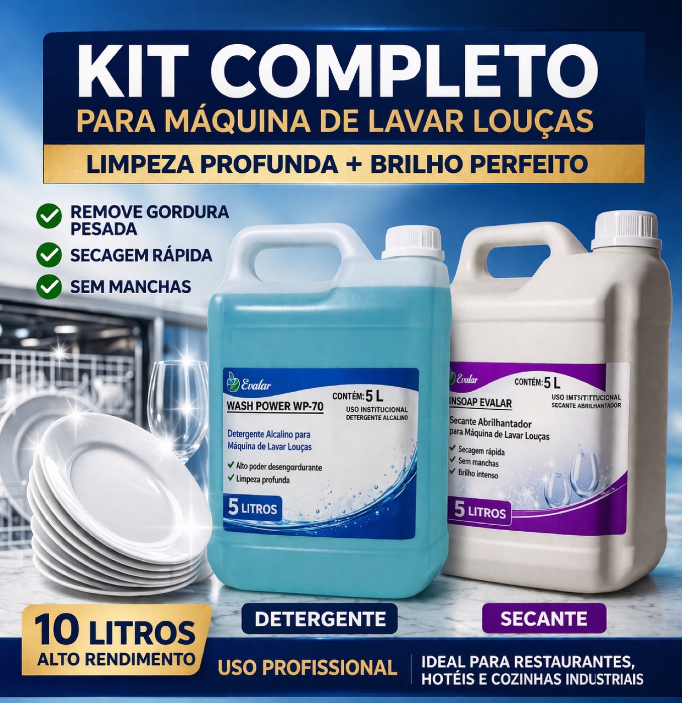 Kit Completo Lava Louças Profissional 10L Detergente + Secante Sem Manchas Alto Brilho — imagem 1
